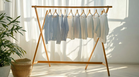 A wooden clothes drying rack with freshly washed clothes hanging, set against a bright, airy backdrop with natural sunlight streaming through the windowの素材