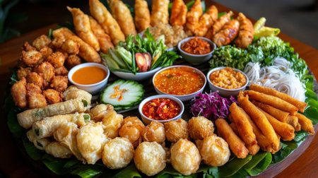 A vibrant overhead shot of a variety of  served on a traditional Thai platter, showcasing different dipping sauces and garnishes for a colorful presentation.の素材