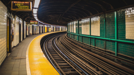 A wide shot of a subway tunnel with long, parallel tracks stretching ahead, with faint lighting casting shadows on the tunnels curved walls and floorの素材