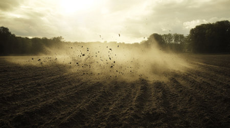 A whirlwind of dust and debris being swept up into the air in an open field, illustrating a strong wind gust in a rural, open landscapeの素材