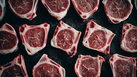 Freshly cut pork ribs with visible layers of meat and fat, placed on a clean surface, with the rich pink tones of the raw meat gleamingの素材