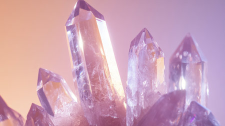 Close-up of a shimmering quartz crystal cluster with intricate details, placed against a soft gradient background for a calming effectの素材