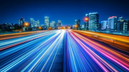 A futuristic cityscape with streaking lights and glowing lines stretching across buildings, symbolizing high-speed light travel within an advanced urban settingの素材