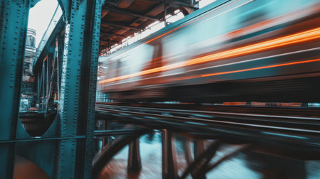 A high-speed train crossing a steel bridge over a river, with smooth motion captured as the train races past the water belowの素材