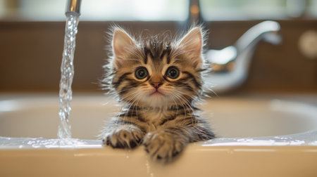 A cute, drenched kitten sitting in a sink with a gentle stream of water flowing, its tiny paws resting on the edge.の素材