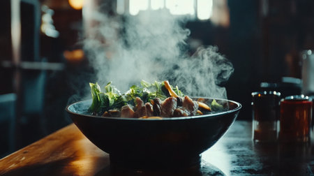 A steaming bowl of clear broth in a shabu pot with slices of pork, mushrooms, and leafy greens being dipped in, placed on a wooden table with condimentsの素材