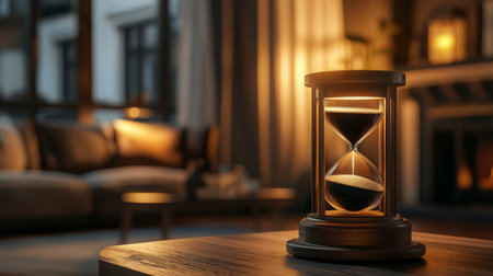 A side view of a vintage hourglass with dark sand flowing, placed on a polished wood surface with a blurred background of a cozy study roomの素材