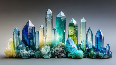A gradient display of mineral crystals ranging from deep blues to bright greens, placed on a neutral surface to showcase their vibrant colorsの素材