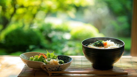 A serene breakfast scene featuring a bowl of hot rice soup accompanied by pickled vegetables and a cup of green tea, set against a tranquil garden view.の素材