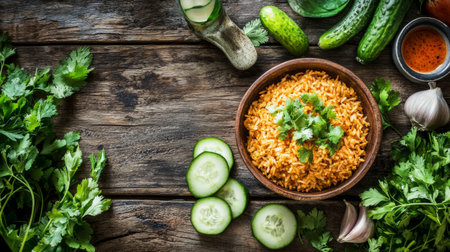 A rustic wooden table set with a bowl of curried fried rice, surrounded by fresh herbs, sliced cucumbers, and a small dish of spicy sauce for dipping.の素材