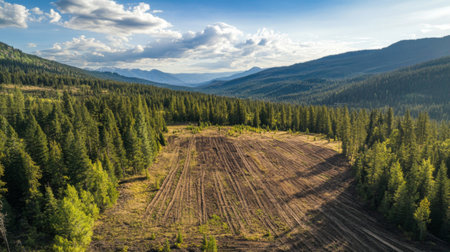 A drone view of a large area being reforested, with rows of newly planted trees visible, showcasing the scale and impact of forest planting initiatives.の素材