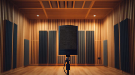 A high-resolution image of a condenser  mounted on a stand in a modern recording studio, with soundproofing panels and acoustic treatments in the background.の素材