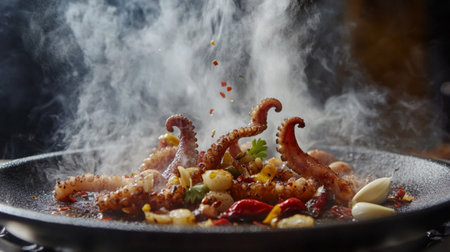 Octopus tentacles sizzling on a hot grill with garlic cloves and chili peppers, releasing a smoky and aromatic ambianceの素材