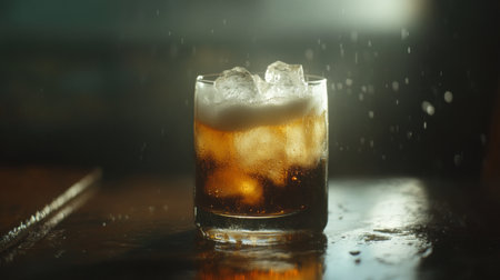 A refreshing shot of a cold soda with ice cubes, the liquid fizzing and sparkling, placed on a rustic wooden table with soft, diffused lightingの素材