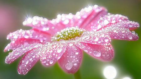 Close-up of a vibrant flower petal with glistening water droplets on its surface, reflecting the surrounding soft natural light against a blurred green backgroundの素材