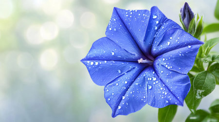 A vibrant flower with water droplets on its petals, placed against a soft, blurred background, with droplets glistening in the sunlightの素材