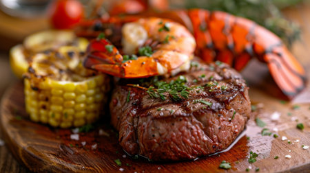 A classic surf and turf dinner featuring a tender steak and succulent lobster tailの素材