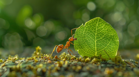 A close-up of a leaf-cutter ant meticulously slicing through a leaf to carry back to its nestの素材