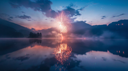 A burst of fireworks reflected in the calm waters of a lake, doubling the spectacleの素材