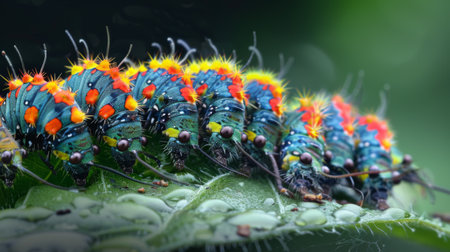 A cluster of colorful caterpillars devouring a leaf, their appetites insatiableの素材