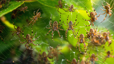 A cluster of tiny spiderlings weaving intricate webs among the leavesの素材