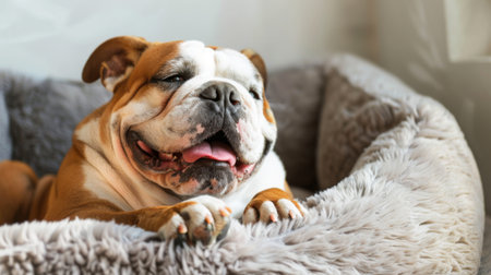 A contented bulldog sporting a big grin while lounging in a cozy bedの素材