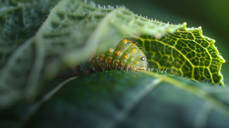 A beetle larvae nestled snugly within the folds of a leaf, undergoing metamorphosisの素材