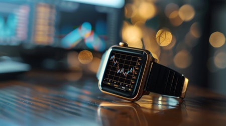 A golden chart displayed on a smartwatch, providing real-time investment updatesの素材