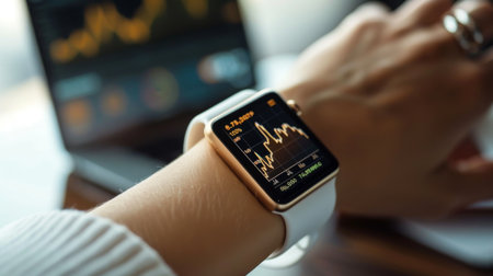 A golden chart displayed on a smartwatch, providing real-time investment updatesの素材