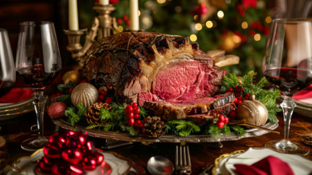 A festive holiday meal centerpiece featuring a beautifully roasted prime rib steakの素材