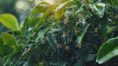 A cluster of tiny spiderlings weaving intricate webs among the leavesの素材