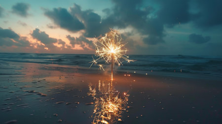 A lone firework lighting up the sky in a burst of brilliance, symbolizing joy and celebrationの素材