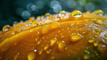 A mesmerizing shot capturing water droplets dancing on the surface of a mangoの素材