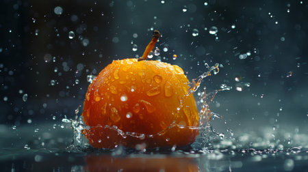 A mesmerizing shot capturing water droplets dancing on the surface of a mangoの素材