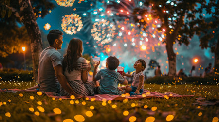 A family picnic in a park, enjoying fireworks in celebration of a holidayの素材