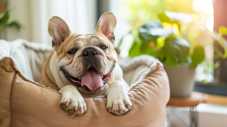 A contented bulldog sporting a big grin while lounging in a cozy bedの素材