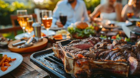 A family dinner celebration with everyone gathered around the table enjoying grilled steaksの素材
