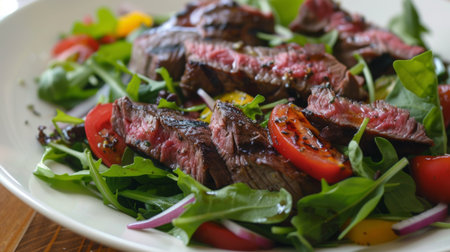 A steak salad bursting with color and flavor, topped with tangy vinaigrette dressingの素材