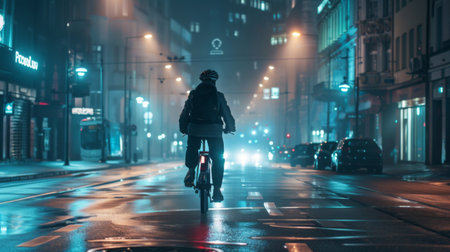 A lone cyclist navigating a city street illuminated by the glow of streetlights at nightの素材