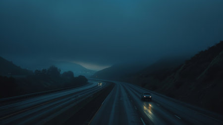 A lone car traveling on a dimly lit highway under the blanket of nightfallの素材