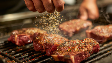A grill master expertly seasoning raw steaks with a blend of spices before cookingの素材