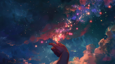 A hand lighting a colorful firework against a backdrop of the night skyの素材