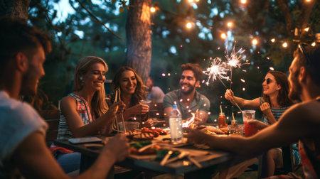 A group of friends enjoying a backyard barbecue with fireworks lighting up the nightの素材