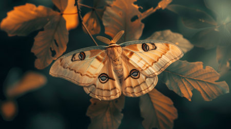 A moth resting peacefully on a leaf, its delicate wings resembling autumn leavesの素材