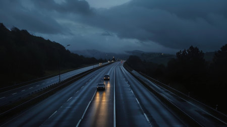 A lone car traveling on a dimly lit highway under the blanket of nightfallの素材