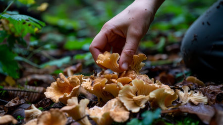 A hand picking wild wood ear mushrooms from a damp forest floorの素材