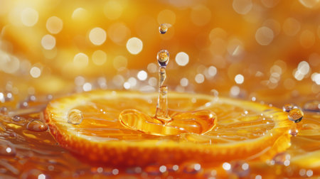A refreshing water droplet trickling down the surface of a juicy orangeの素材
