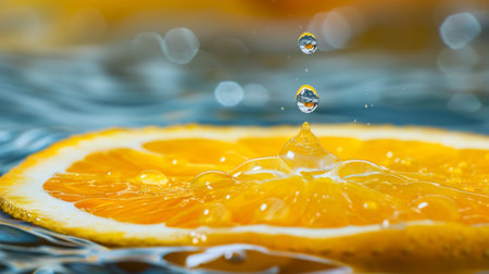 A refreshing water droplet trickling down the surface of a juicy orangeの素材