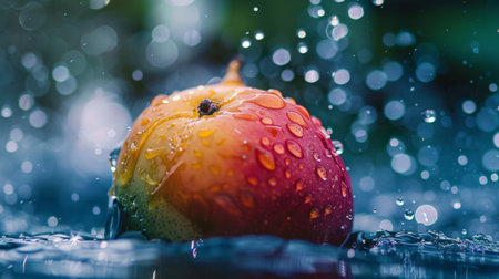 A mesmerizing shot capturing water droplets dancing on the surface of a mangoの素材