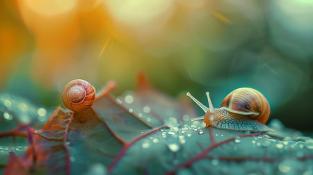 A snail slowly making its way across a leaf, leaving behind a glistening trail of mucusの素材